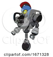 Poster, Art Print Of Bot Containing Grey Alien Style Head And Yellow Eyes With Blue Pupils And Galea Roman Soldier Ornament And Blue Helmet And Heavy Upper Chest And Chest Compound Eyes And Blue Strip Lights 