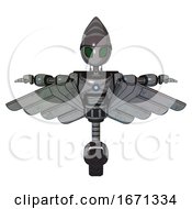 Poster, Art Print Of Bot Containing Grey Alien Style Head And Led Array Eyes And Light Chest Exoshielding And Blue Energy Core And Pilots Wings Assembly And Unicycle Wheel Patent Concrete Gray Metal T-Pose