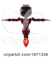 Poster, Art Print Of Android Containing Digital Display Head And Circle Eyes And Led And Protection Bars And Light Chest Exoshielding And Ultralight Chest Exosuit And Jet Propulsion Grunge Dots Dark Red T-Pose