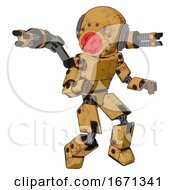 Poster, Art Print Of Mech Containing Round Head And Red Laser Crystal Array And Light Chest Exoshielding And Prototype Exoplate Chest And Minigun Back Assembly And Prototype Exoplate Legs Construction Yellow Halftone