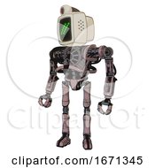 Cyborg Containing Old Computer Monitor And Double Backslash Pixel Design And Retro Futuristic Webcam And Heavy Upper Chest And No Chest Plating And Ultralight Foot Exosuit Powder Pink Metal