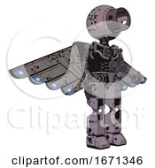 Poster, Art Print Of Android Containing Cable Connector Head And Light Chest Exoshielding And Cherub Wings Design And No Chest Plating And Prototype Exoplate Legs Dark Ink Dots Sketch Facing Left View