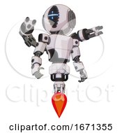 Droid Containing Round Head And Vertical Cyclops Visor And Light Chest Exoshielding And Prototype Exoplate Chest And Minigun Back Assembly And Jet Propulsion White Halftone Toon Hero Pose