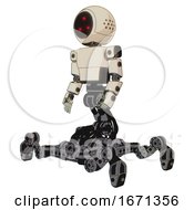 Poster, Art Print Of Cyborg Containing Three Led Eyes Round Head And Light Chest Exoshielding And Prototype Exoplate Chest And Insect Walker Legs Off White Toon Facing Right View