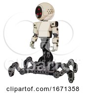 Poster, Art Print Of Cyborg Containing Three Led Eyes Round Head And Light Chest Exoshielding And Prototype Exoplate Chest And Insect Walker Legs Off White Toon Standing Looking Right Restful Pose