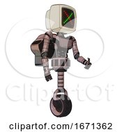 Automaton Containing Old Computer Monitor And Colored X Display And Light Chest Exoshielding And Ultralight Chest Exosuit And Rocket Pack And Unicycle Wheel Powder Pink Metal Facing Left View
