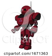 Poster, Art Print Of Cyborg Containing Oval Wide Head And Retro Antenna With Light And Heavy Upper Chest And Triangle Of Blue Leds And Prototype Exoplate Legs Fire Engine Red Halftone Facing Right View