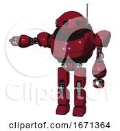 Poster, Art Print Of Cyborg Containing Oval Wide Head And Retro Antenna With Light And Heavy Upper Chest And Triangle Of Blue Leds And Prototype Exoplate Legs Fire Engine Red Halftone Arm Out Holding Invisible Object