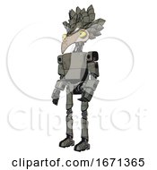 Mech Containing Bird Skull Head And Big Yellow Eyes And Bird Feather Design And Light Chest Exoshielding And Prototype Exoplate Chest And Ultralight Foot Exosuit Concrete Grey Metal