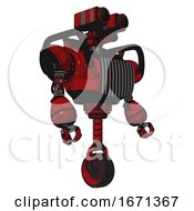 Robot Containing Dual Retro Camera Head And Heavy Upper Chest And Chest Vents And Unicycle Wheel Red Blood Grunge Material Facing Left View