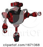 Poster, Art Print Of Robot Containing Dual Retro Camera Head And Heavy Upper Chest And Chest Vents And Unicycle Wheel Red Blood Grunge Material Pointing Left Or Pushing A Button