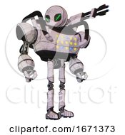 Poster, Art Print Of Droid Containing Grey Alien Style Head And Green Demon Eyes And Heavy Upper Chest And Colored Lights Array And Ultralight Foot Exosuit Sketch Pad Light Hero Pose