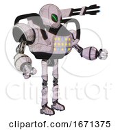 Poster, Art Print Of Droid Containing Grey Alien Style Head And Green Demon Eyes And Heavy Upper Chest And Colored Lights Array And Ultralight Foot Exosuit Sketch Pad Light Interacting