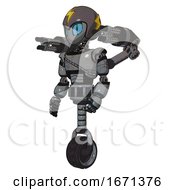 Droid Containing Grey Alien Style Head And Blue Grate Eyes And Lightning Bolts And Gray Helmet And Light Chest Exoshielding And Cable Sash And Minigun Back Assembly And Unicycle Wheel