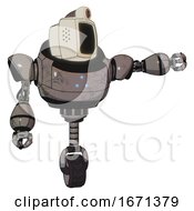 Poster, Art Print Of Droid Containing Old Computer Monitor And Retro-Futuristic Webcam And Heavy Upper Chest And Triangle Of Blue Leds And Unicycle Wheel Light Pink Beige Pointing Left Or Pushing A Button