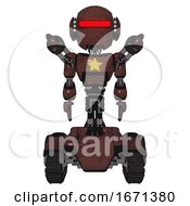 Android Containing Round Head And Horizontal Red Visor And Head Light Gadgets And Light Chest Exoshielding And Yellow Star And Minigun Back Assembly And Tank Tracks Steampunk Copper Front View