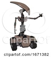 Poster, Art Print Of Automaton Containing Flat Elongated Skull Head And Light Chest Exoshielding And No Chest Plating And Tank Tracks Khaki Halftone Pointing Left Or Pushing A Button