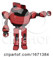 Poster, Art Print Of Automaton Containing Dual Retro Camera Head And Clock Radio Head And Heavy Upper Chest And Prototype Exoplate Legs Primary Red Halftone Pointing Left Or Pushing A Button