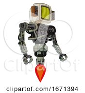Poster, Art Print Of Droid Containing Old Computer Monitor And Yellow Circle Array Display And Old Retro Speakers And Heavy Upper Chest And No Chest Plating And Jet Propulsion Green Metal Facing Left View