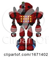 Poster, Art Print Of Automaton Containing Oval Wide Head And Green Led Ornament And Heavy Upper Chest And Colored Lights Array And Light Leg Exoshielding And Megneto-Hovers Foot Mod Dark Red Front View