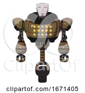 Poster, Art Print Of Robot Containing Humanoid Face Mask And Heavy Upper Chest And Colored Lights Array And Unicycle Wheel Old Copper Front View