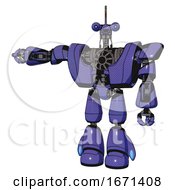 Bot Containing Dual Retro Camera Head And Reversed Fin Head And Heavy Upper Chest And Heavy Mech Chest And Light Leg Exoshielding Primary Blue Halftone Arm Out Holding Invisible Object