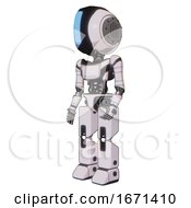 Poster, Art Print Of Bot Containing Round Head And Large Vertical Visor And Light Chest Exoshielding And Ultralight Chest Exosuit And Prototype Exoplate Legs White Halftone Toon Facing Right View