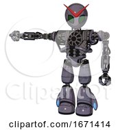 Poster, Art Print Of Mech Containing Grey Alien Style Head And Led Array Eyes And Heavy Upper Chest And No Chest Plating And Light Leg Exoshielding Light Lavender Metal Arm Out Holding Invisible Object