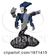 Poster, Art Print Of Cyborg Containing Flat Elongated Skull Head And Light Chest Exoshielding And Prototype Exoplate Chest And Minigun Back Assembly And Tank Tracks Dark Blue Halftone Hero Pose