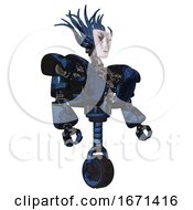 Poster, Art Print Of Droid Containing Humanoid Face Mask And War Paint And Heavy Upper Chest And Heavy Mech Chest And Unicycle Wheel Grunge Dark Blue Facing Left View