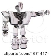 Android Containing Humanoid Face Mask And War Paint And Heavy Upper Chest And Heavy Mech Chest And Light Leg Exoshielding And Spike Foot Mod White Halftone Toon Pointing Left Or Pushing A Button