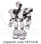 Poster, Art Print Of Android Containing Humanoid Face Mask And War Paint And Heavy Upper Chest And Heavy Mech Chest And Light Leg Exoshielding And Spike Foot Mod White Halftone Toon Standing Looking Right Restful Pose
