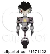 Poster, Art Print Of Droid Containing Bird Skull Head And Yellow And Green Scope Eyes And Crow Feather Design And Light Chest Exoshielding And Yellow Star And Unicycle Wheel Halftone Gray Front View