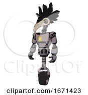 Poster, Art Print Of Droid Containing Bird Skull Head And Yellow And Green Scope Eyes And Crow Feather Design And Light Chest Exoshielding And Yellow Star And Unicycle Wheel Halftone Gray
