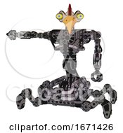 Poster, Art Print Of Robot Containing Bird Skull Head And Big Yellow Eyes And Chicken Design And Heavy Upper Chest And No Chest Plating And Insect Walker Legs Scribble Sketch Arm Out Holding Invisible Object