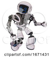 Poster, Art Print Of Android Containing Digital Display Head And Wide Smile And Heavy Upper Chest And No Chest Plating And Light Leg Exoshielding And Megneto-Hovers Foot Mod White Halftone Toon Fight Or Defense Pose