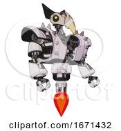 Poster, Art Print Of Droid Containing Bird Skull Head And Yellow Led Protruding Eyes And Robobeak Design And Heavy Upper Chest And Heavy Mech Chest And Shoulder Spikes And Jet Propulsion White Halftone Toon