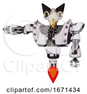 Droid Containing Bird Skull Head And Yellow Led Protruding Eyes And Robobeak Design And Heavy Upper Chest And Heavy Mech Chest And Shoulder Spikes And Jet Propulsion White Halftone Toon