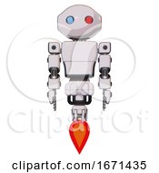 Poster, Art Print Of Automaton Containing Oval Wide Head And Giant Blue And Red Led Eyes And Light Chest Exoshielding And Prototype Exoplate Chest And Jet Propulsion White Halftone Toon Front View