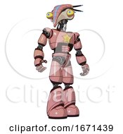 Poster, Art Print Of Droid Containing Bird Skull Head And Big Yellow Eyes And Head Shield Design And Light Chest Exoshielding And Yellow Star And Light Leg Exoshielding Toon Pink Tint Hero Pose