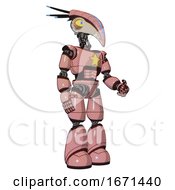 Poster, Art Print Of Droid Containing Bird Skull Head And Big Yellow Eyes And Head Shield Design And Light Chest Exoshielding And Yellow Star And Light Leg Exoshielding Toon Pink Tint Facing Left View