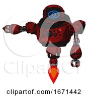 Poster, Art Print Of Robot Containing Digital Display Head And Large Eye And Heavy Upper Chest And Chest Compound Eyes And Jet Propulsion Grunge Dots Dark Red Arm Out Holding Invisible Object