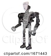 Poster, Art Print Of Mech Containing Humanoid Face Mask And Spiral Design And Heavy Upper Chest And No Chest Plating And Ultralight Foot Exosuit Unpainted Metal Facing Right View