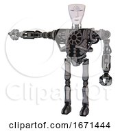 Poster, Art Print Of Mech Containing Humanoid Face Mask And Spiral Design And Heavy Upper Chest And No Chest Plating And Ultralight Foot Exosuit Unpainted Metal Arm Out Holding Invisible Object