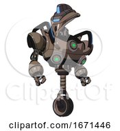 Poster, Art Print Of Droid Containing Flat Elongated Skull Head And Visor And Heavy Upper Chest And Chest Green Energy Cores And Blue Strip Lights And Unicycle Wheel Khaki Halftone Hero Pose