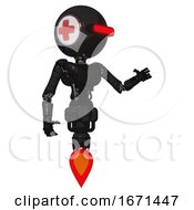 Poster, Art Print Of Bot Containing Round Head And Horizontal Red Visor And First Aid Emblem And Light Chest Exoshielding And Ultralight Chest Exosuit And Jet Propulsion Toon Black Scribbles Sketch Interacting