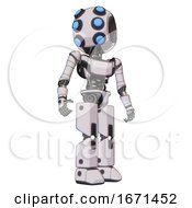 Poster, Art Print Of Automaton Containing Round Head And Six Eye Array And Bug Eyes And Light Chest Exoshielding And Ultralight Chest Exosuit And Prototype Exoplate Legs White Halftone Toon Hero Pose