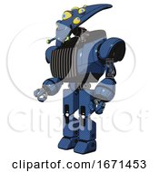 Poster, Art Print Of Bot Containing Flat Elongated Skull Head And Yellow Eyeball Array And Heavy Upper Chest And Chest Vents And Prototype Exoplate Legs Blue Halftone Facing Right View