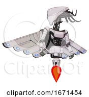 Poster, Art Print Of Mech Containing Flat Elongated Skull Head And Cables And Light Chest Exoshielding And Ultralight Chest Exosuit And Cherub Wings Design And Jet Propulsion White Halftone Toon Hero Pose