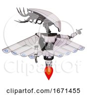 Poster, Art Print Of Mech Containing Flat Elongated Skull Head And Cables And Light Chest Exoshielding And Ultralight Chest Exosuit And Cherub Wings Design And Jet Propulsion White Halftone Toon